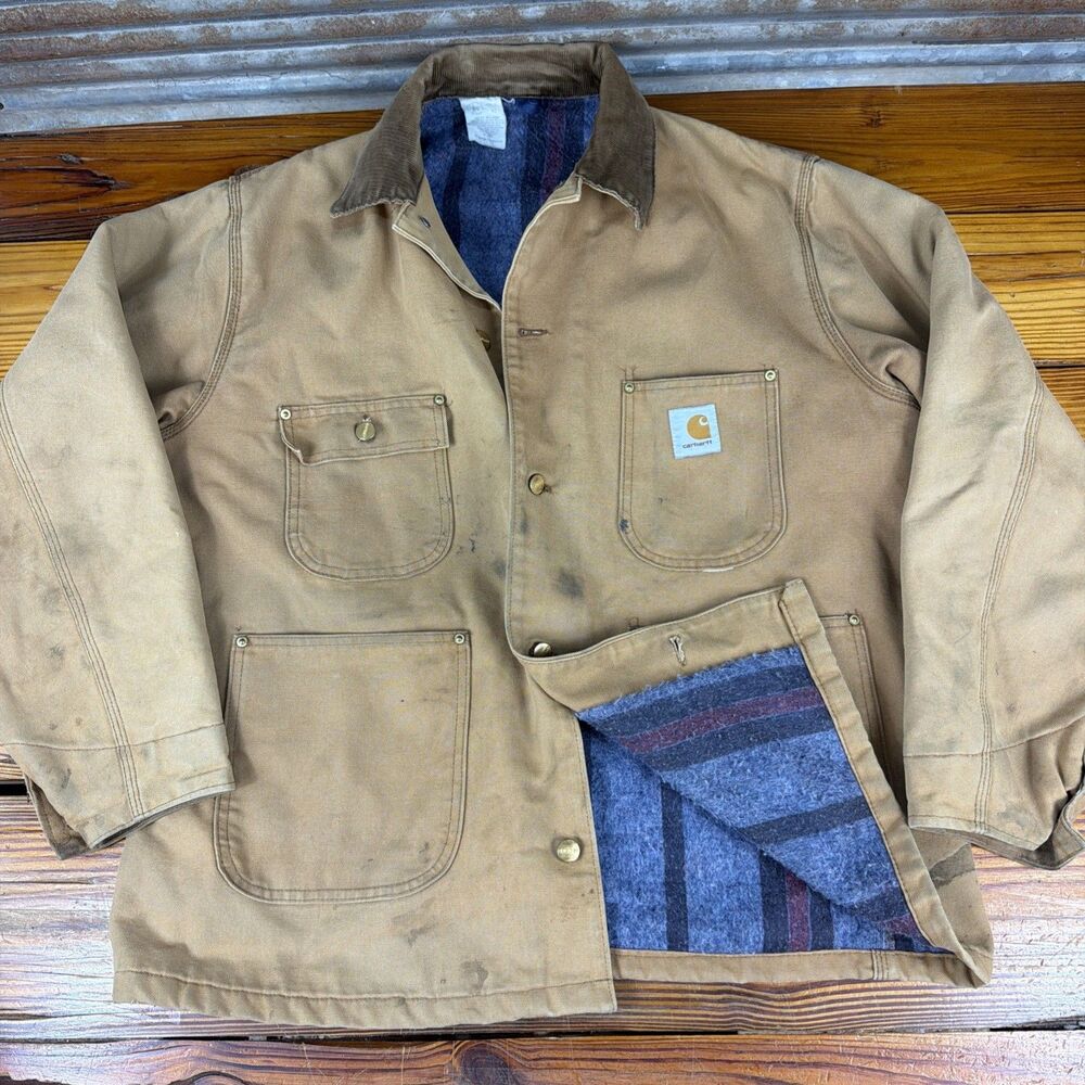 Vintage Carhartt 68LC Jacket Brown Blanket Lined Barn Chore Coat Size 46